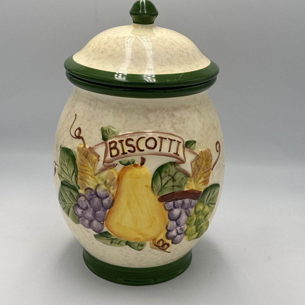 Nonnis Biscotti Cookie Jar Canister Vintage Apple Pear Grape Ceramic Lid 9in